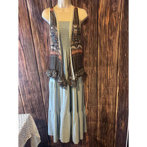 Bohemian Strapless Light Blue Maxi Dress with Sheer Boho Pattern Vest Set Medium